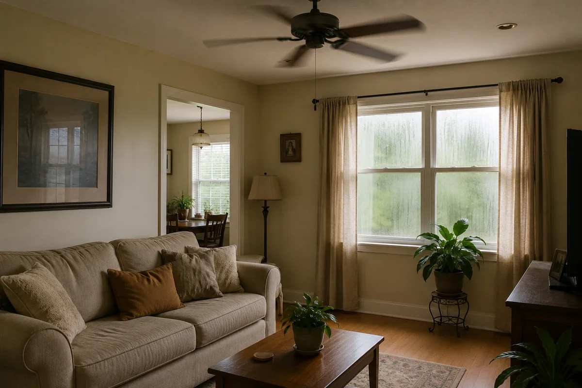 A rental living room on a humid day