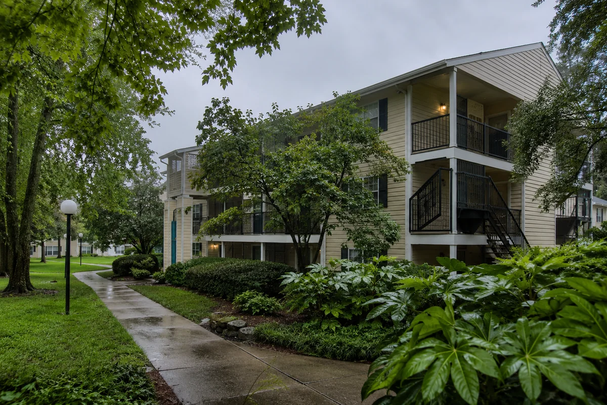 A garden-style apartment building