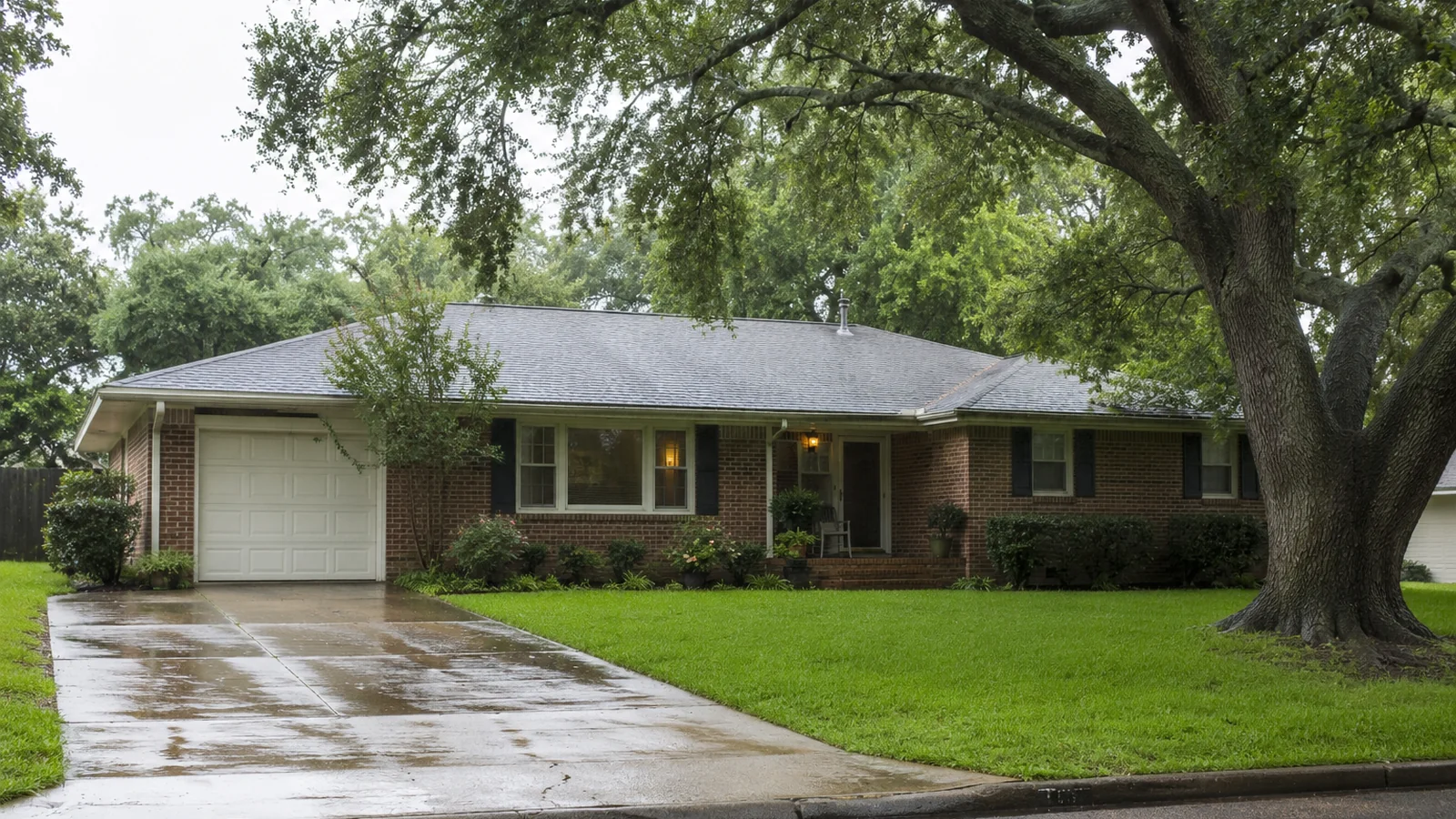 A brick ranch home on a humid Southern street