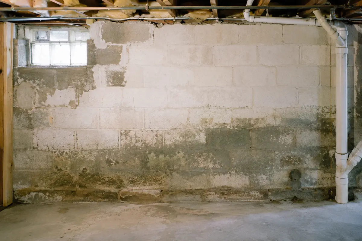 The damp block foundation wall of an older Mid-Atlantic basement