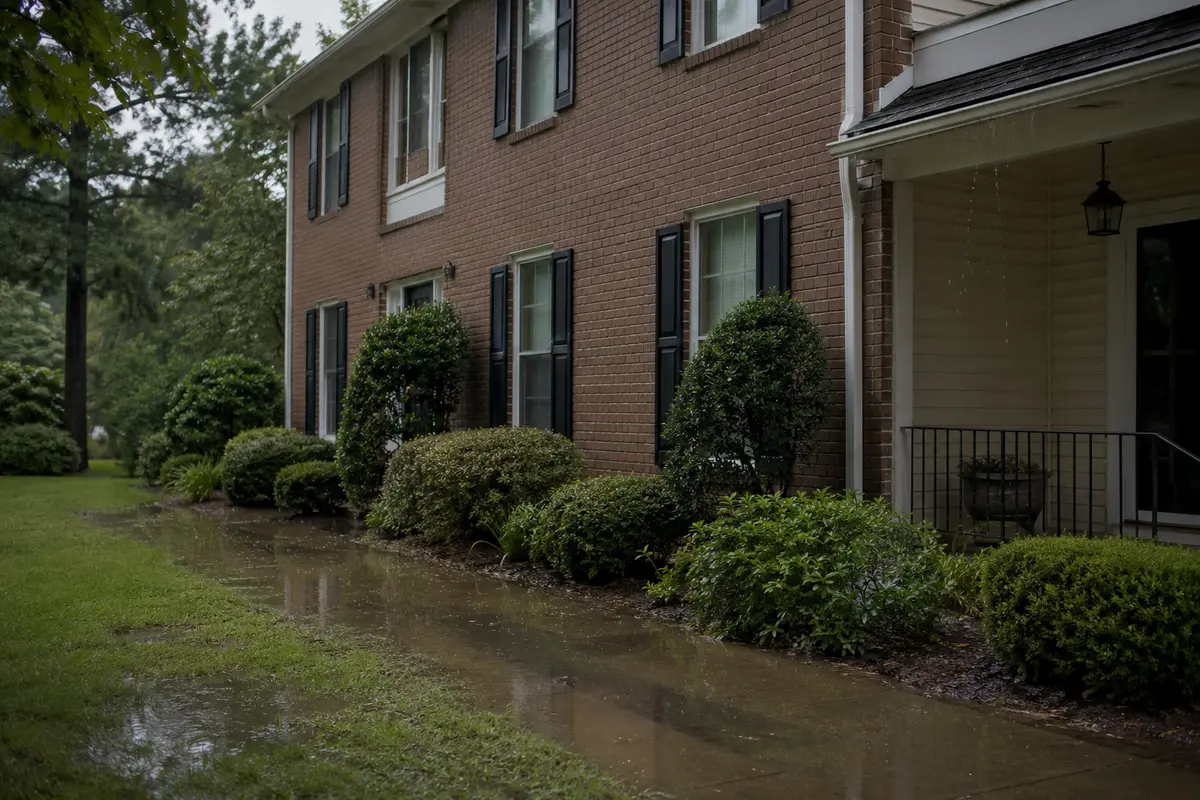 A Mid-Atlantic home exterior after heavy rain with standing water on the walkway