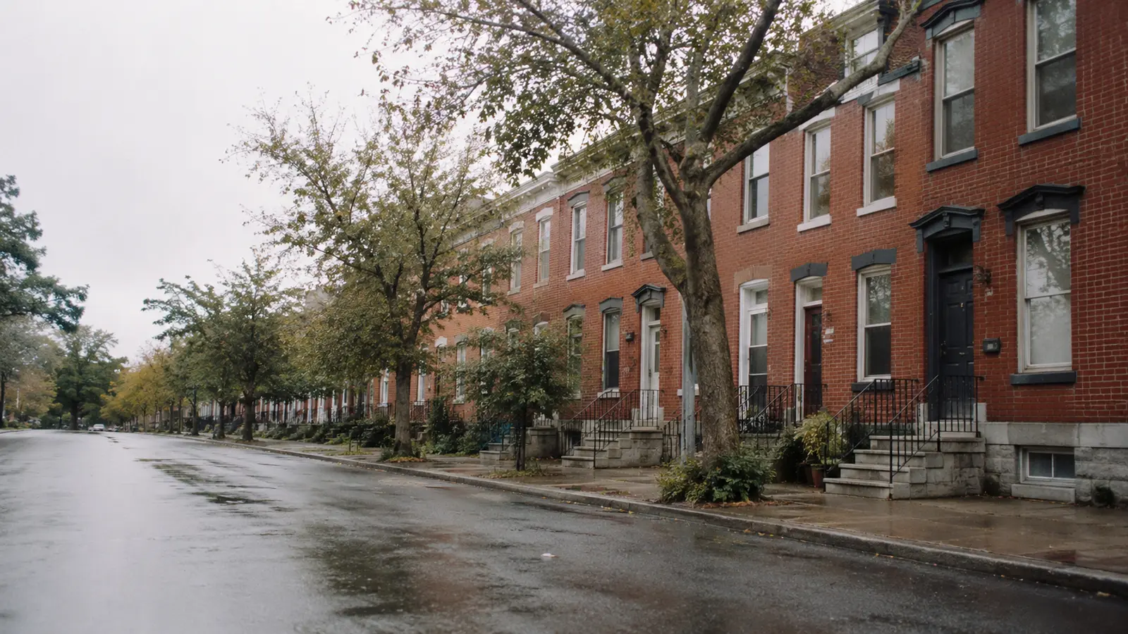 A block of brick row homes with front stoops on an older Mid-Atlantic street