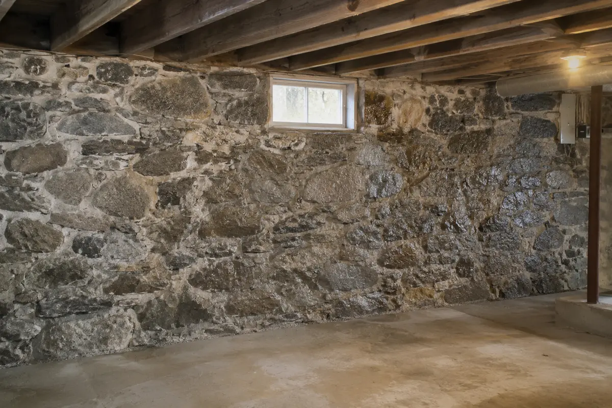The damp fieldstone foundation wall of an old New England basement