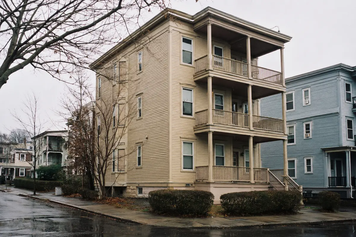 A wooden three-decker multifamily home on a gray New England day